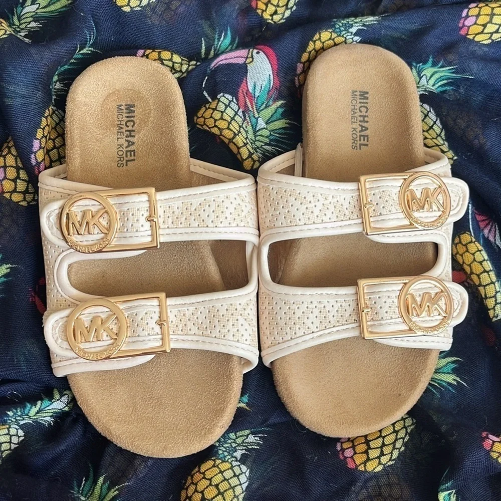 Brand New Michael Kors Zoria Adjustable Strap Slides Sandals Blush Gold Tone